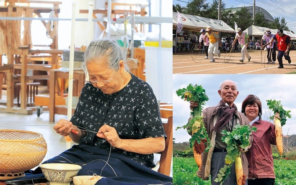 Ikigai: The Japanese Secret to a Joyful Life - Ikign Ogimi Village, Okinawa Prefecture, many elderly people have an ikigai and remain active, such as TEDOKON Keiki (bottom right, on the left), who is 91 years old and still actively grows crops. There are also many events the elderly can participate in, including a sports festival (top right). TAIRA Toshiko (left), a 101-year-old textile artisan, has been making Bashofu, a traditional fabric, for many years. She was designated a Living National Treasure of Japan in 2000 for preserving this Okinawan craft. OGIMI VILLAGE. 